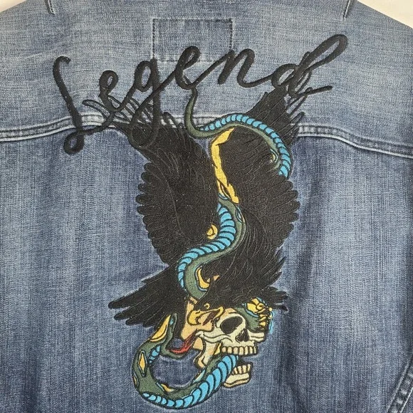 William Rast Mens Erwin Blue Knight Denim Jean Jacket Hawk Skull Snake Size XL - Picture 4 of 9